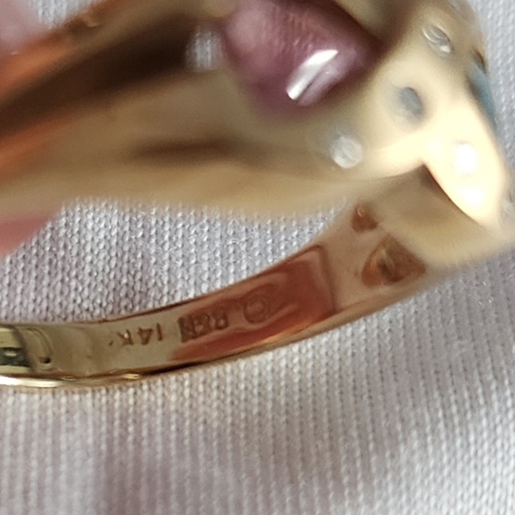 Gorgous 14kt Solid Yellow Gold Diamond Pink And Green Tourmaline Ring - Picture 5 of 5